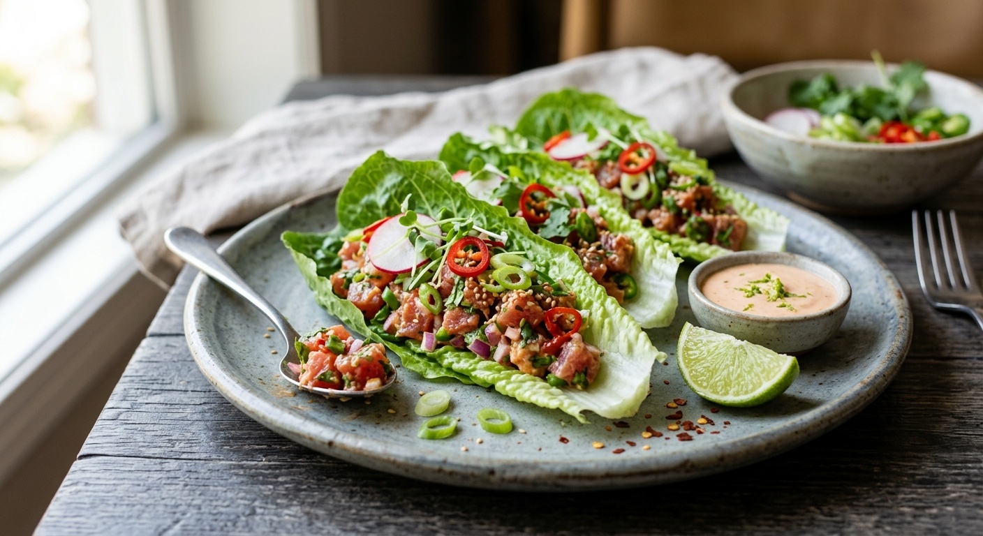 Tacos de lechuga con atún picante