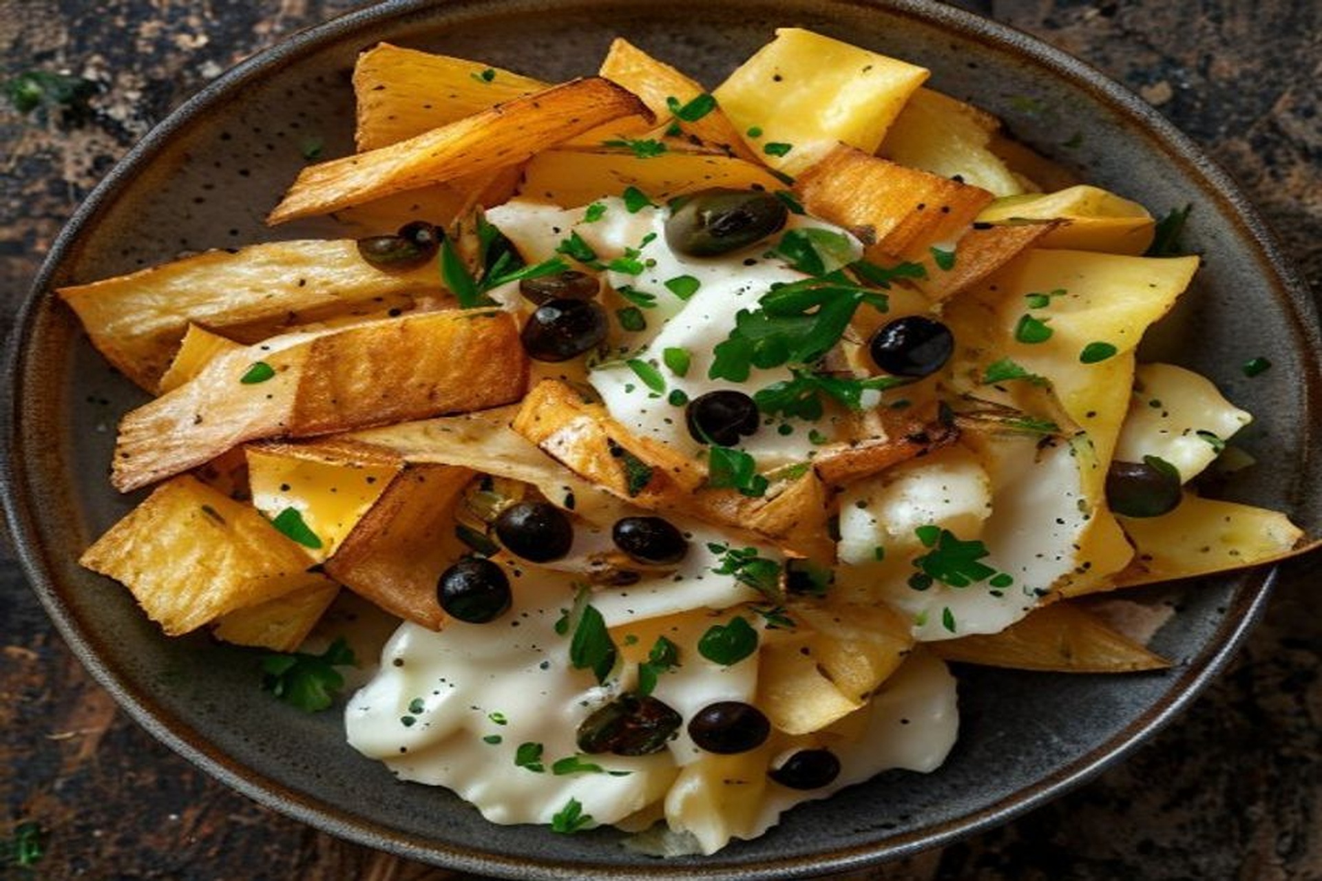 Bacalao a bras cremoso y crujiente
