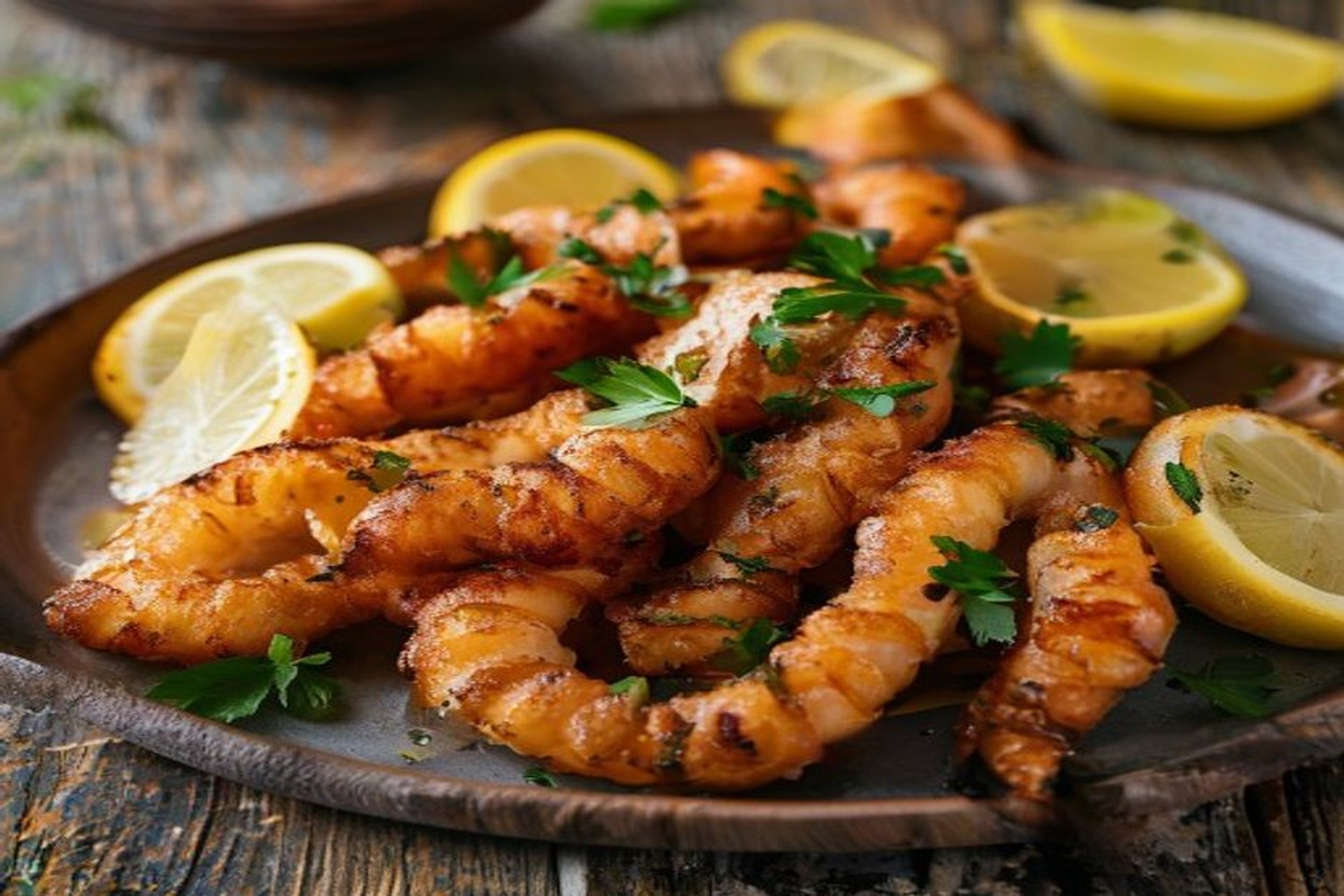 Plato de calamares a la romana crujientes servidos con rodajas de limón y perejil fresco