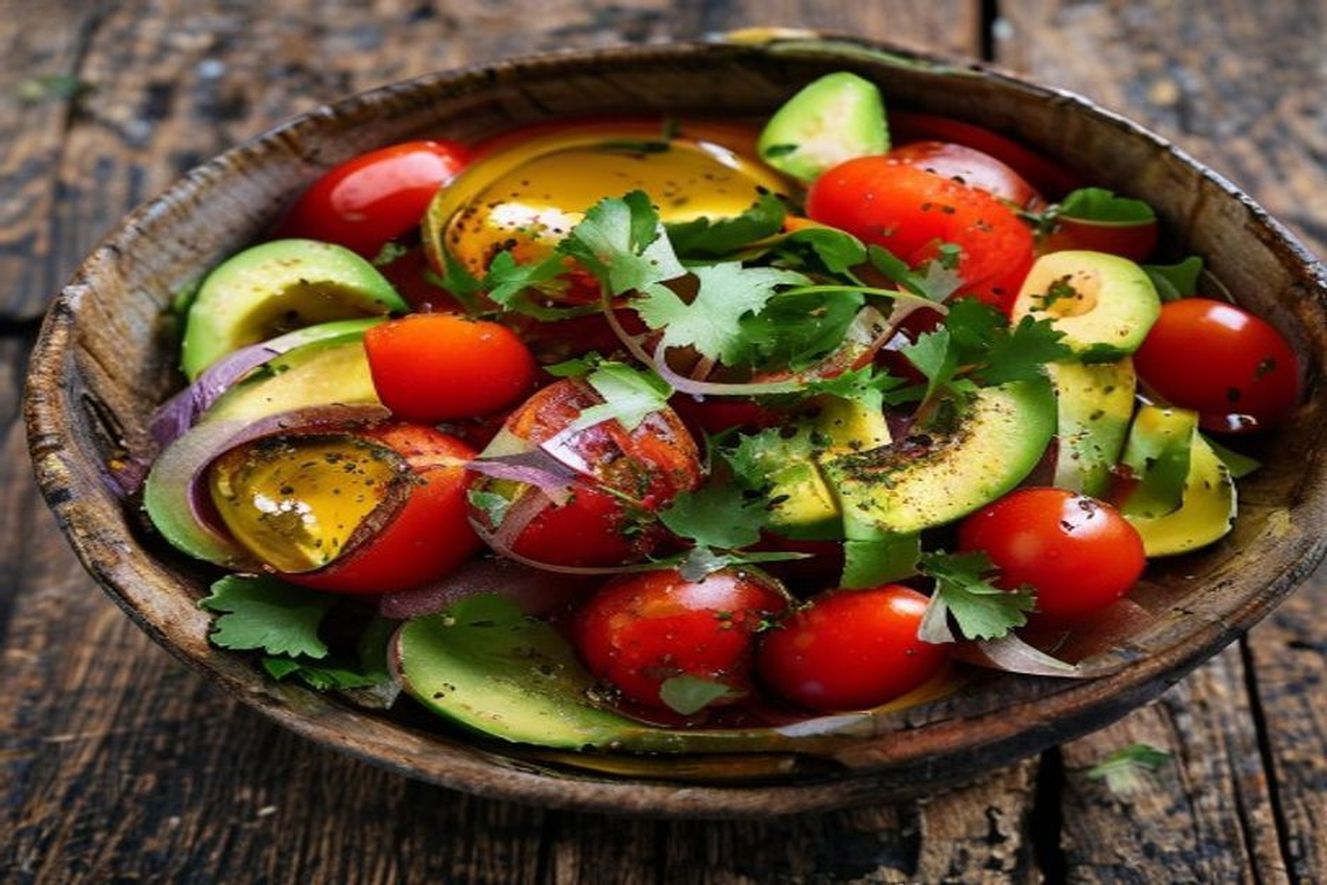 Ensalada fresca de tomate maduro rojo intenso y dados de aguacate verde en un plato hondo rústico sobre mesa de madera