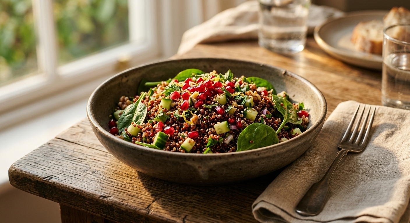 Receta de Ensalada de Quinoa Roja y Granada: La Super-Receta Antioxidante y Proteica Definitiva preparada paso a paso — fotografía editorial de RecetaGenial