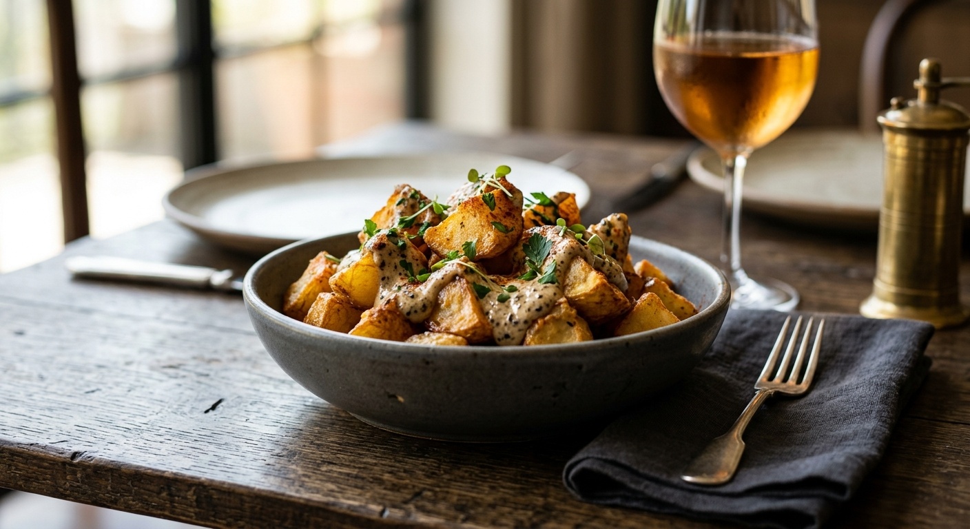 Patatas bravas en airfryer con alioli negro