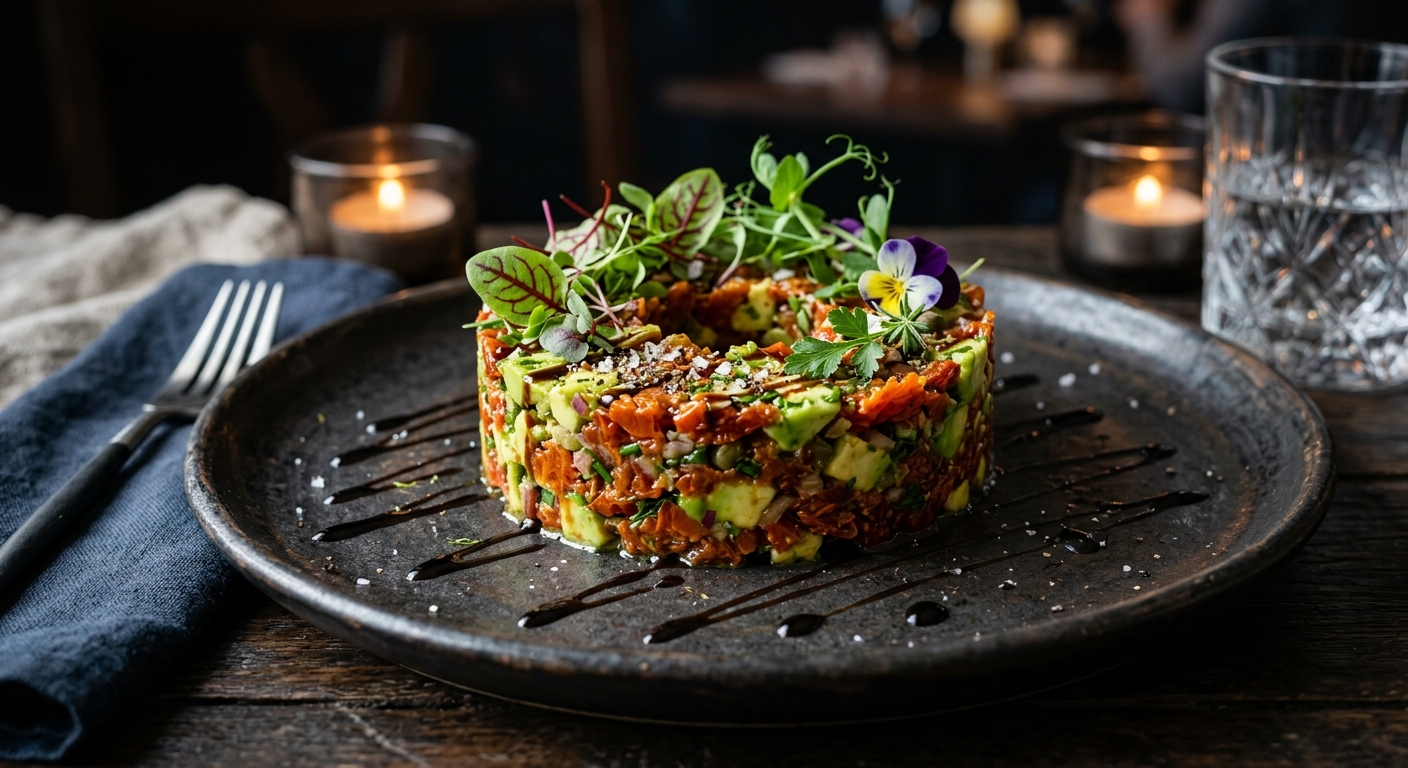 Tartar de tomate seco y aguacate emplatado de forma elegante con piñones y brotes verdes