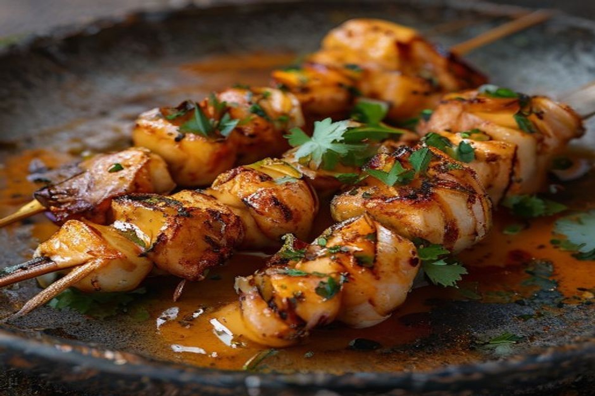 Brochetas de rape y langostinos al curry