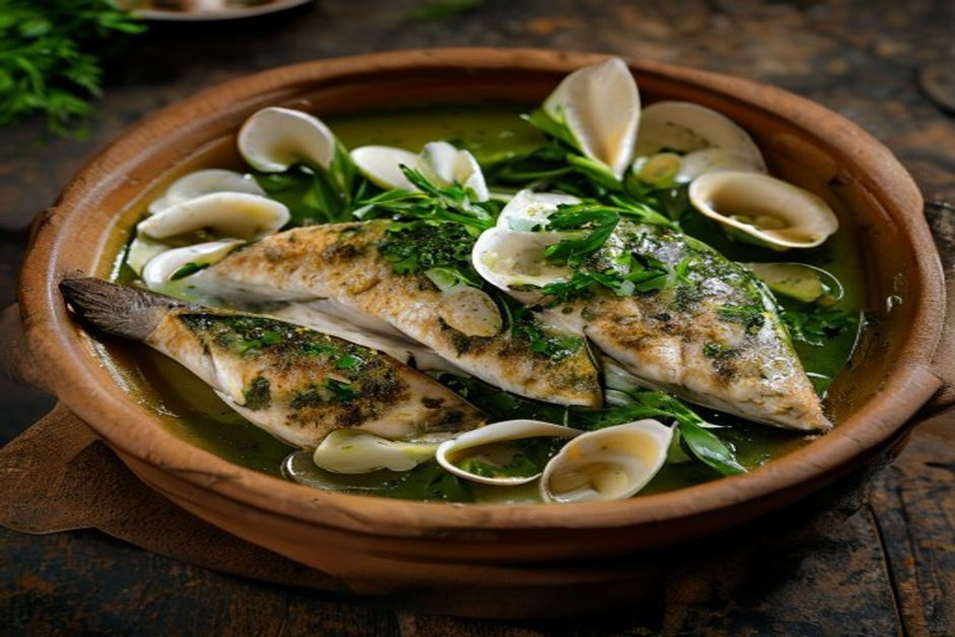 Cazuela de barro con merluza en salsa verde, almejas abiertas y espárragos blancos.