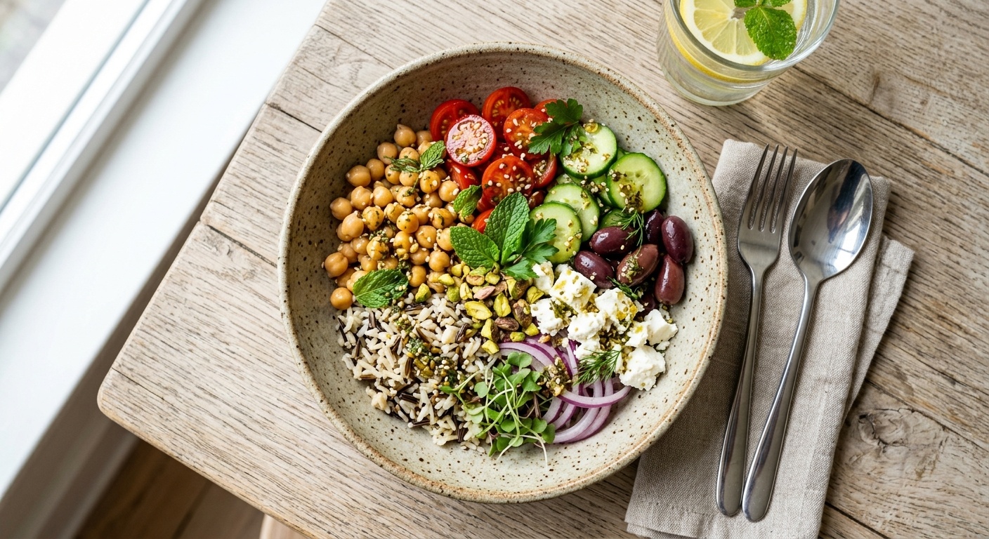 Receta de Poke Bowl Mediterráneo con Garbanzos: La Receta Definitiva y Saludable preparada paso a paso — fotografía editorial de RecetaGenial