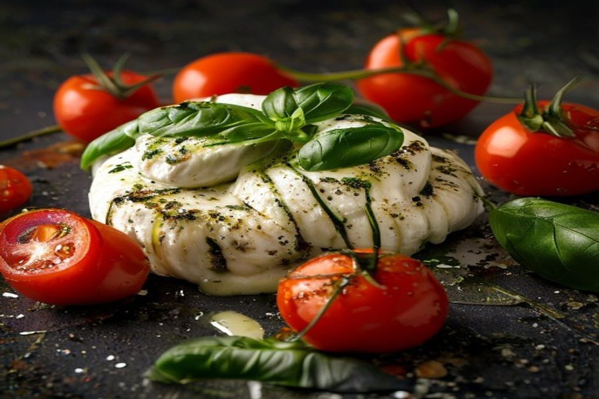 Ensalada de burrata fresco sobre tomates asados