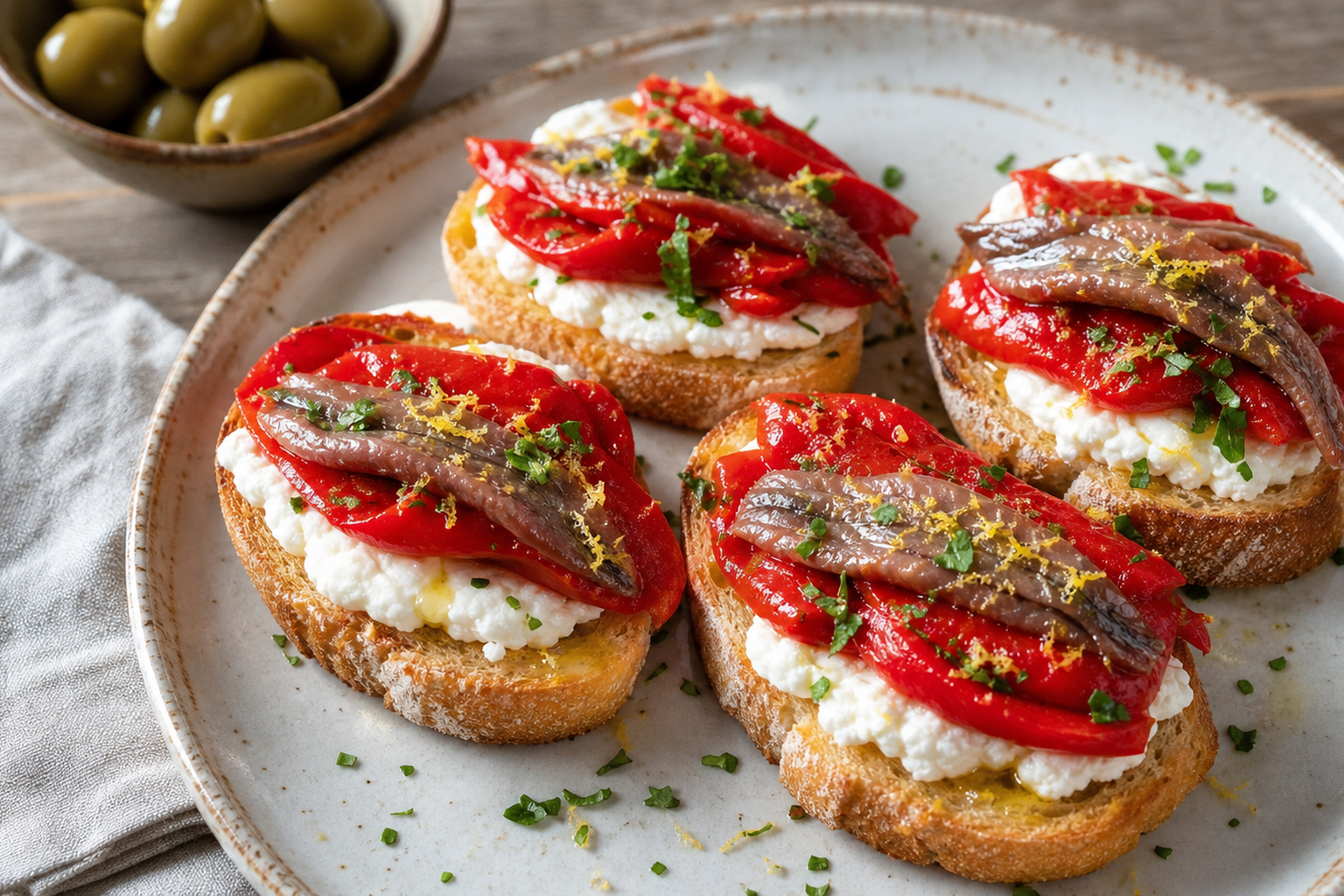 Aperitivo rápido y fácil de tostas de pimiento, queso fresco y anchoas