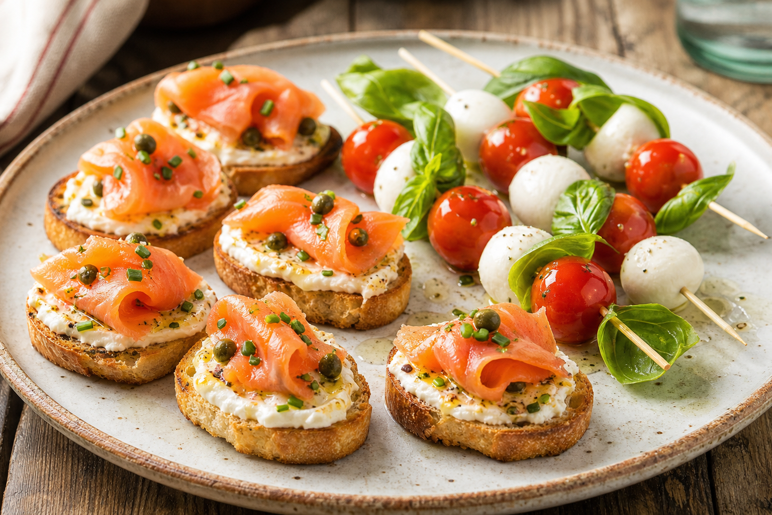 Aperitivos fáciles de salmón y caprese