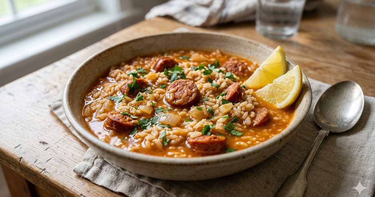 Plato de arroz caldoso con chorizo, pimientos rojos y verdes, y perejil picado, servido en un cuenco rústico.