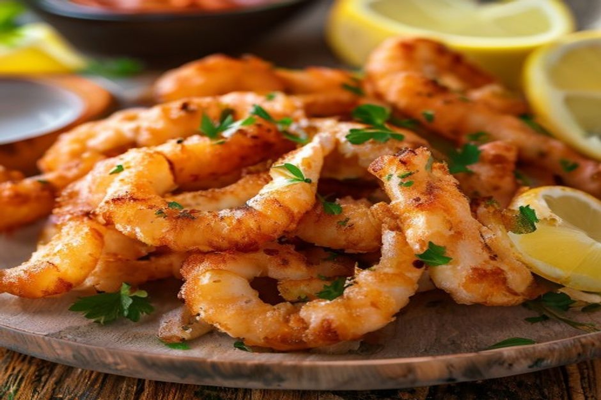 Plato de calamares a la romana crujientes servidos con rodajas de limón y perejil fresco en una mesa de madera