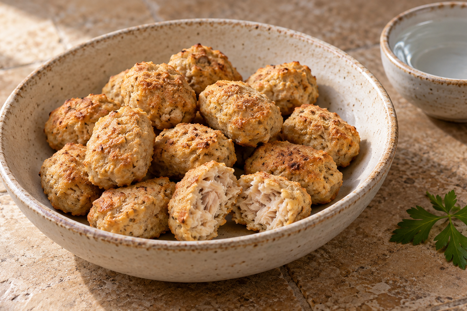 Plato de croquetas caseras para gato doradas y pequeñas, hechas con atún y pollo, servidas en un cuenco de cerámica