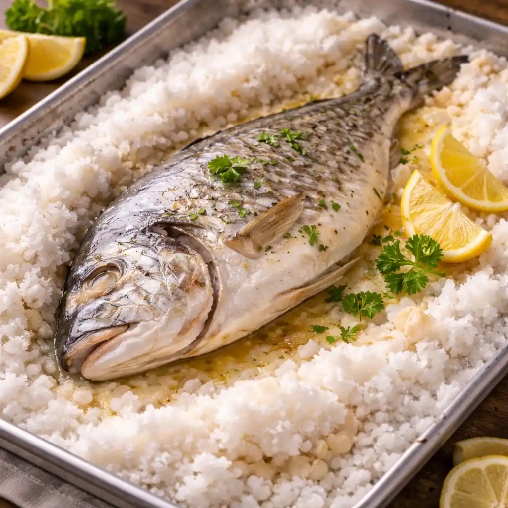 Dorada a la sal con queso gratinado