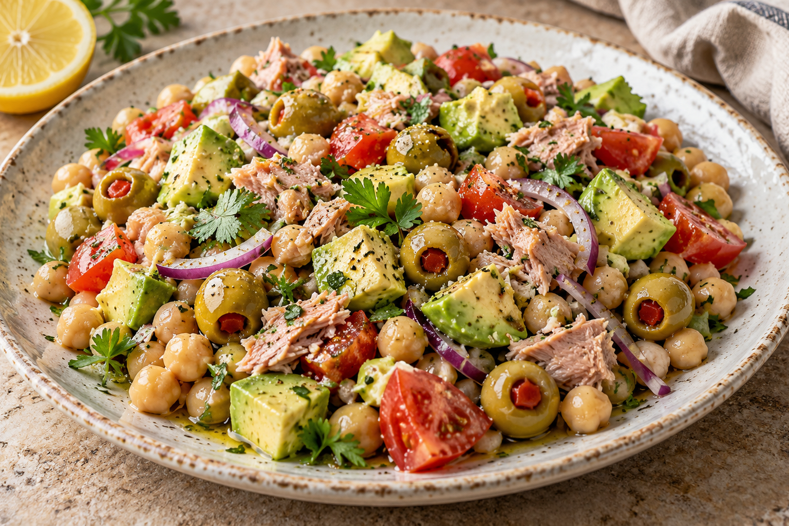 Receta de Ensalada de garbanzos con aguacate y atun preparada paso a paso — fotografía editorial de RecetaGenial