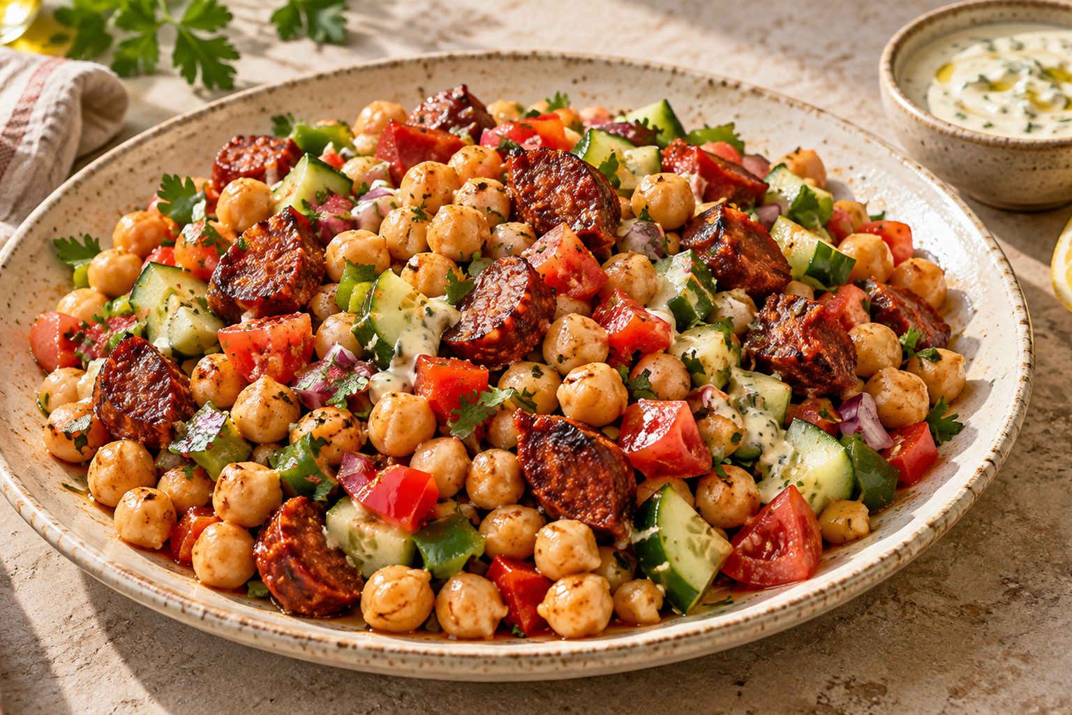 Receta de Ensalada de garbanzos con chorizo y verduras preparada paso a paso — fotografía editorial de RecetaGenial