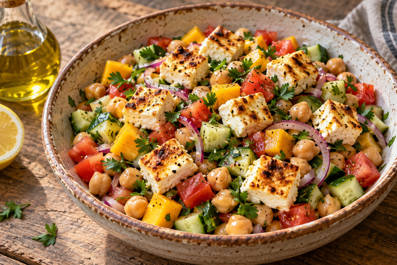 Receta de Ensalada de garbanzos con queso gratinado preparada paso a paso — fotografía editorial de RecetaGenial