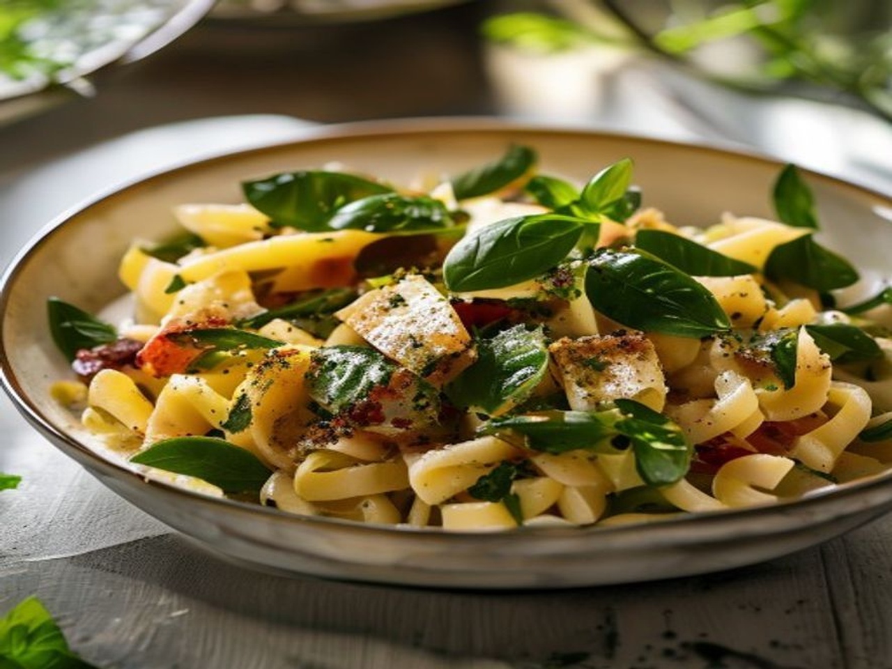 ensalada de pasta con pesto de albahaca