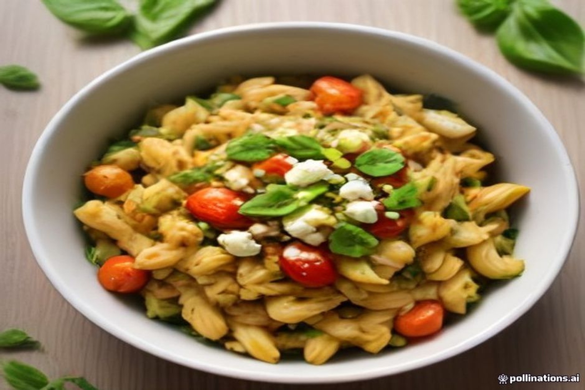 Ensalada de pasta con verduras asadas al horno pimientos calabacin cebolla y queso feta en cuenco rustico