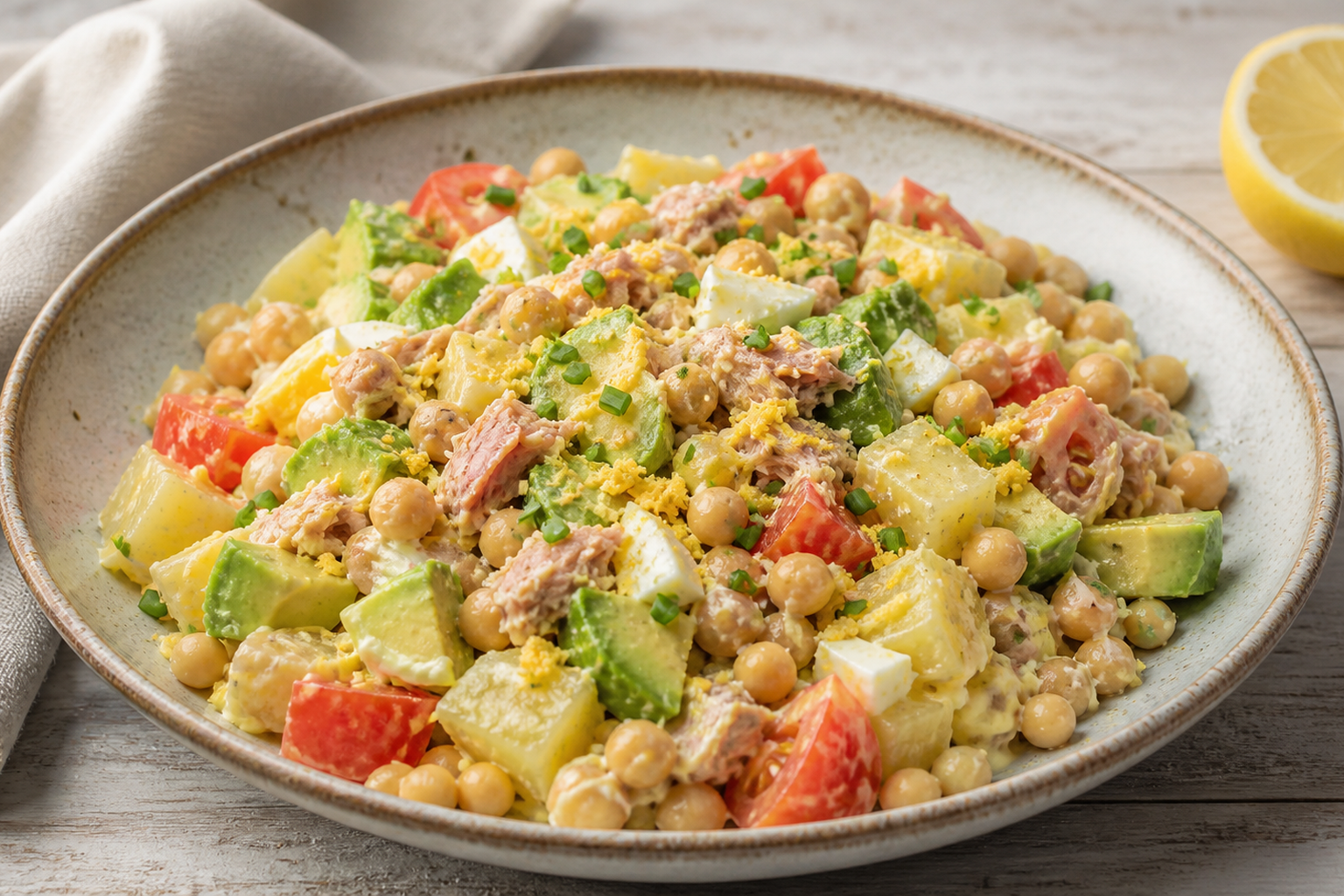 Ensalada fácil de garbanzos, atún y aguacate