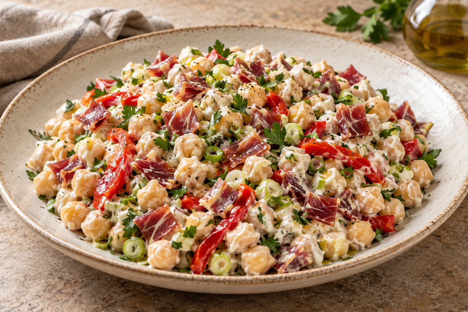 Receta de Ensalada templada de garbanzos con jamón ibérico cremoso preparada paso a paso — fotografía editorial de RecetaGenial