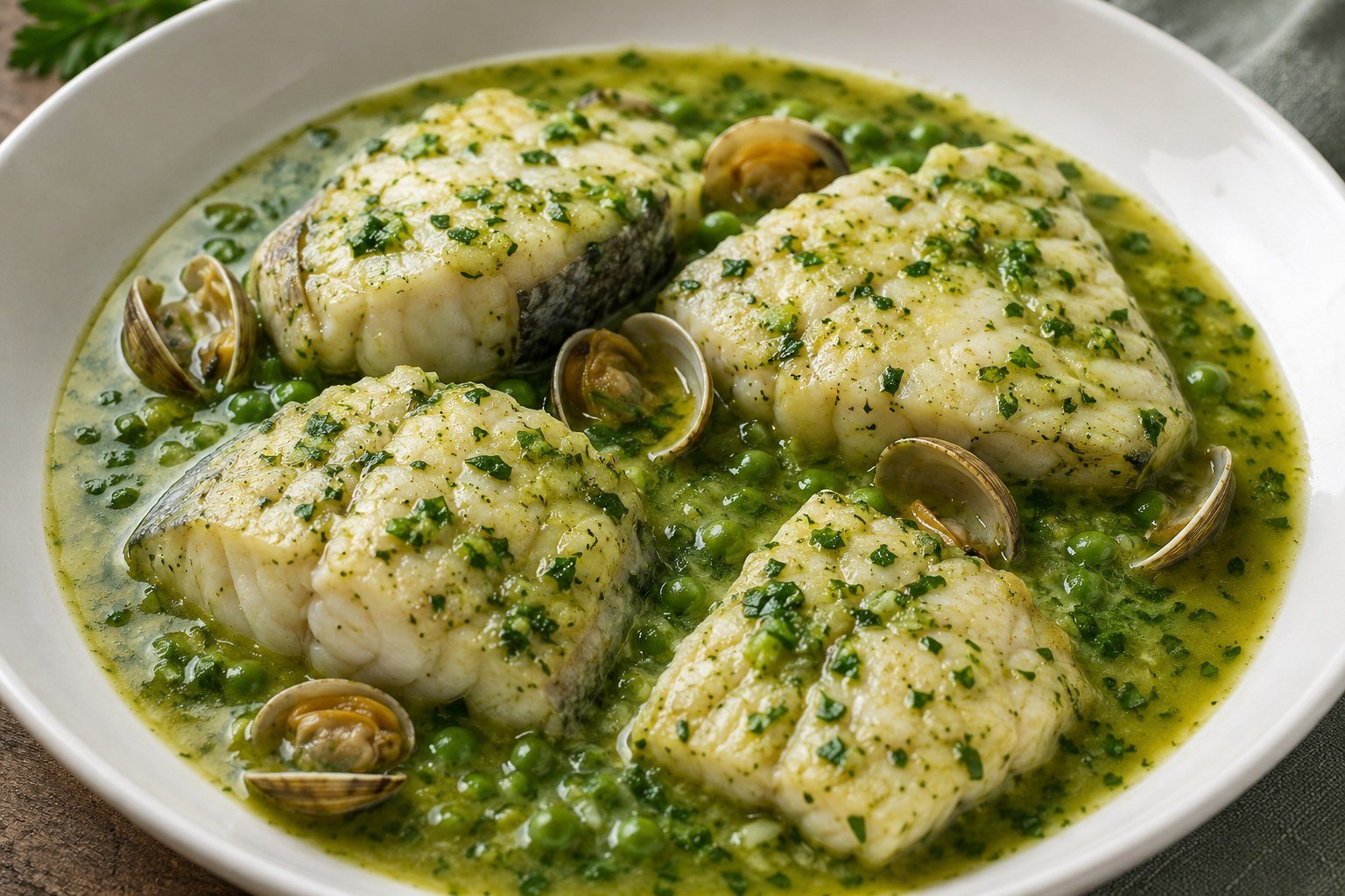 Merluza en salsa verde cremosa con jamón ibérico