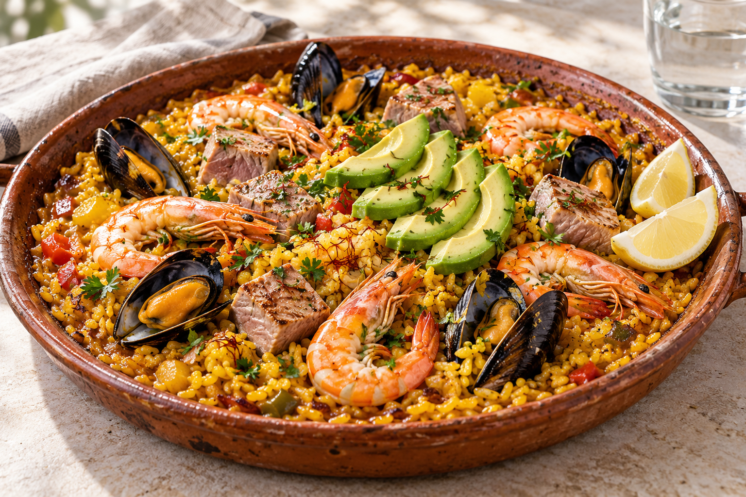 Receta de Paella de marisco con aguacate y atún preparada paso a paso — fotografía editorial de RecetaGenial