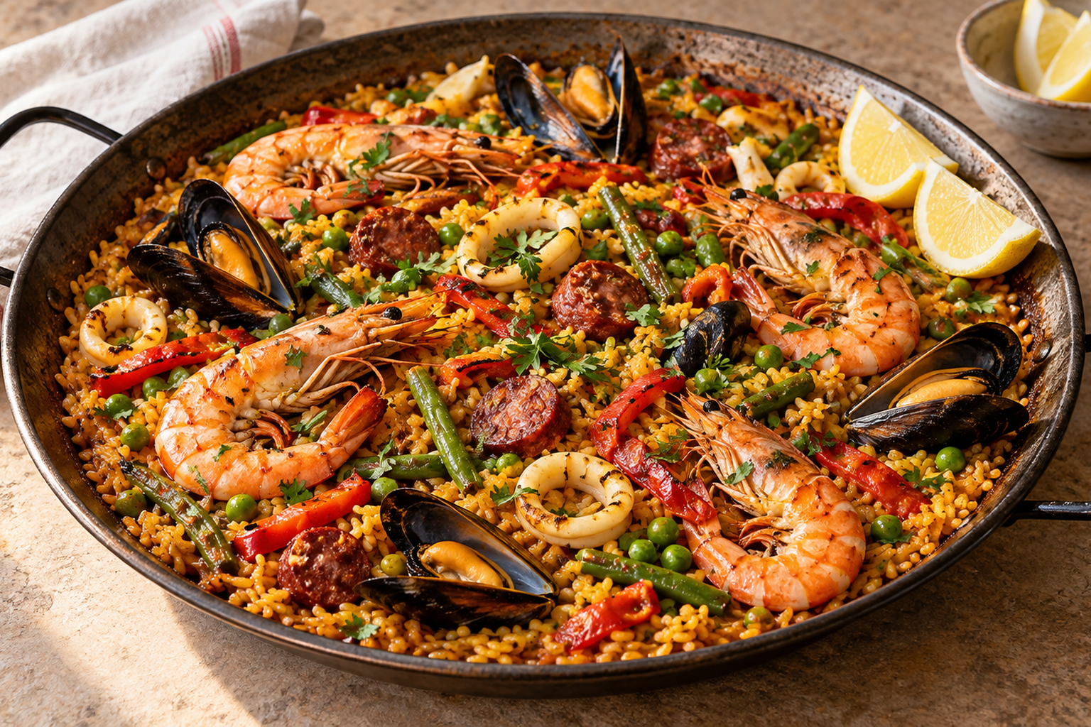 Receta de Paella de marisco con chorizo y verduras preparada paso a paso — fotografía editorial de RecetaGenial
