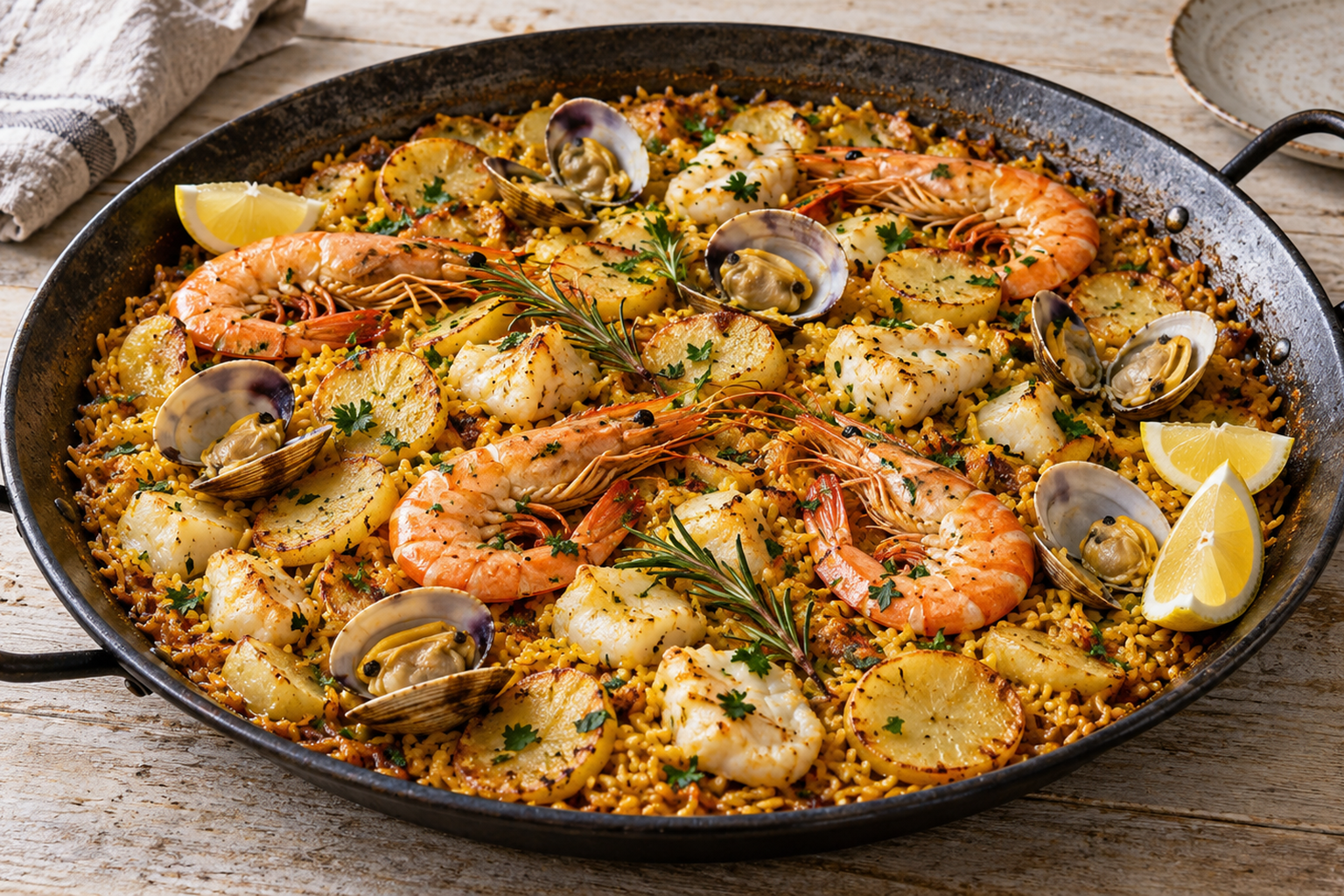 Receta de Paella de marisco con patatas y romero preparada paso a paso — fotografía editorial de RecetaGenial