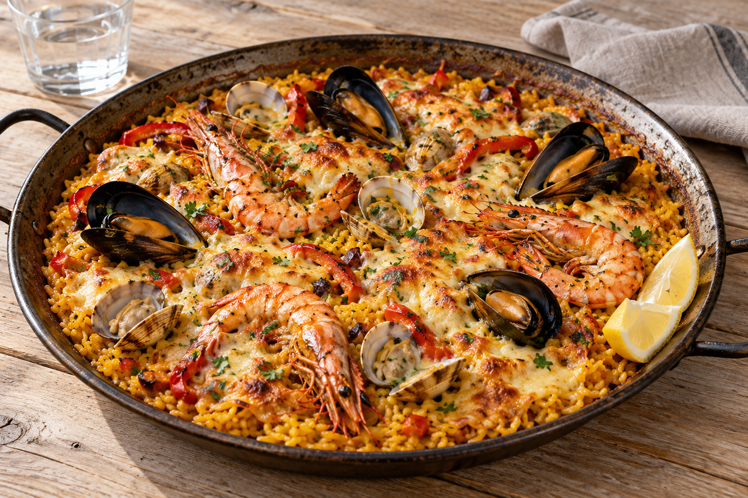 Receta de Paella de marisco con queso gratinado preparada paso a paso — fotografía editorial de RecetaGenial