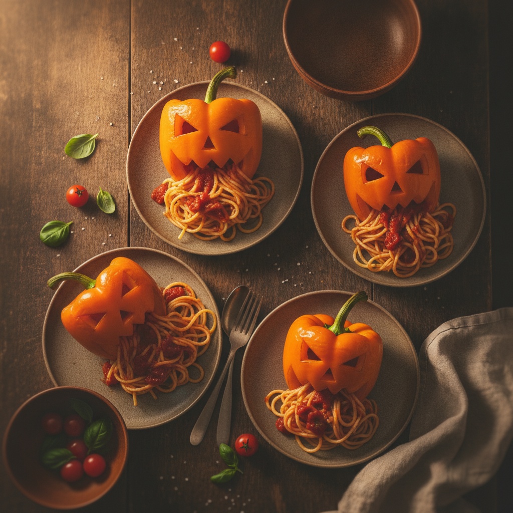 Receta de Pimientos naranjas rellenos tallados como calabazas de Halloween preparada paso a paso — fotografía editorial de RecetaGenial