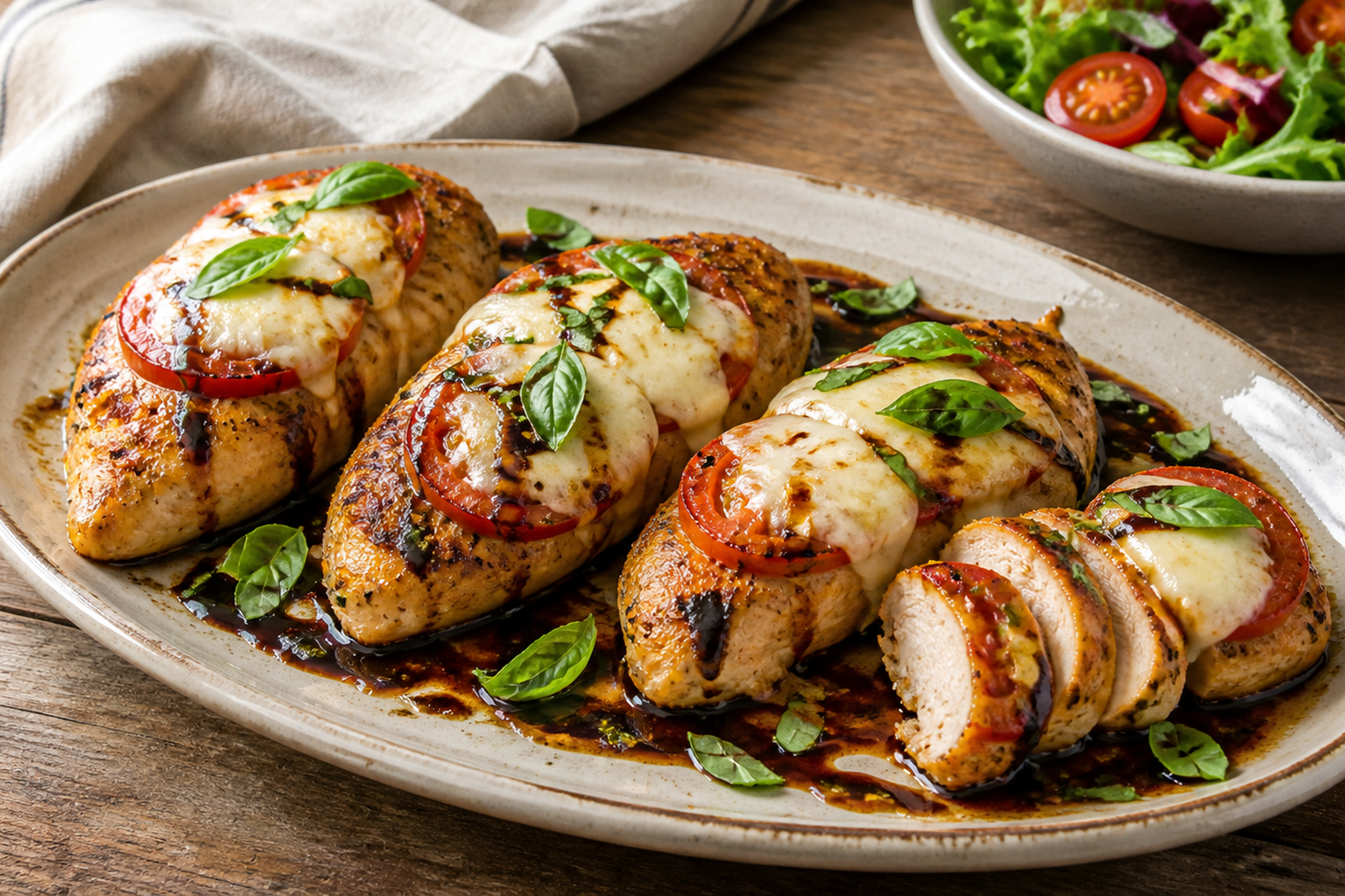 Pechugas de pollo al horno cubiertas con tomate, mozzarella fundida, albahaca fresca y reducción balsámica