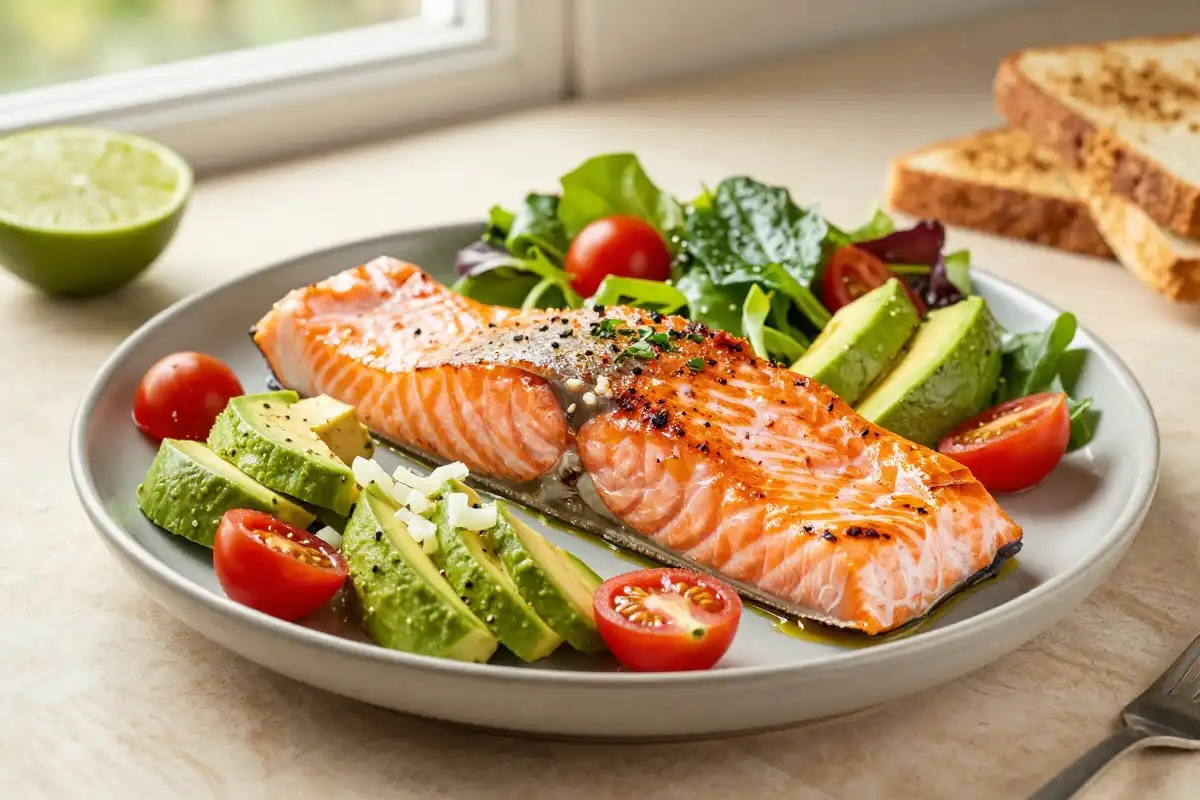 Receta de Salmón al horno con aguacate y atún preparada paso a paso — fotografía editorial de RecetaGenial