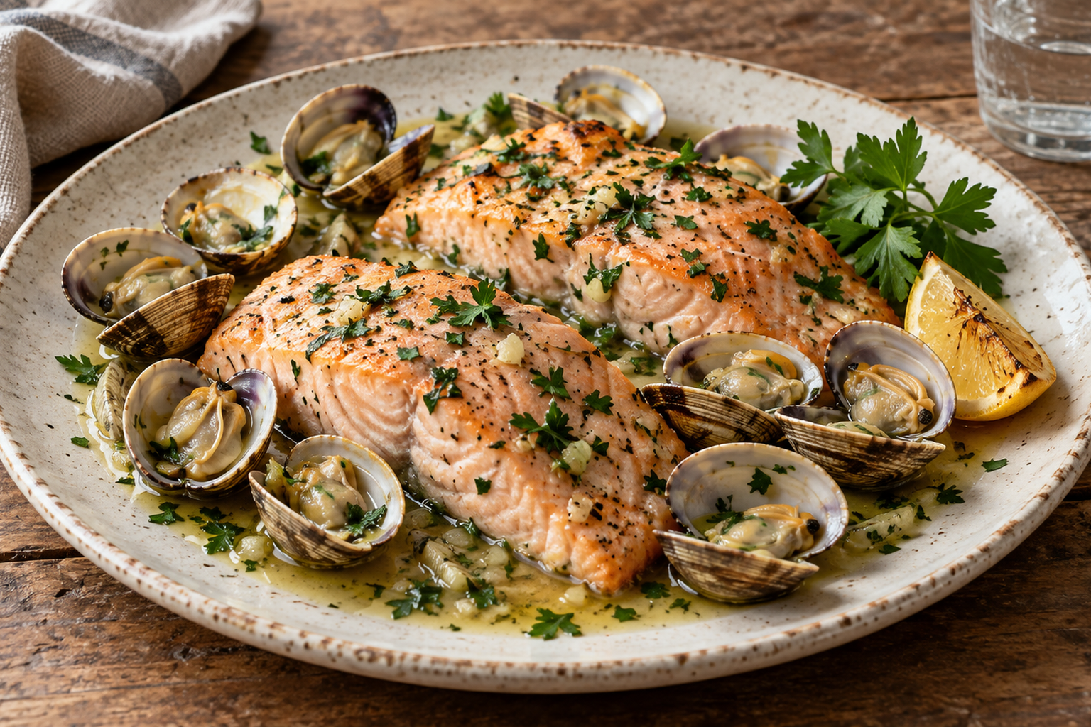 Receta de Salmón al horno con almejas y perejil preparada paso a paso — fotografía editorial de RecetaGenial