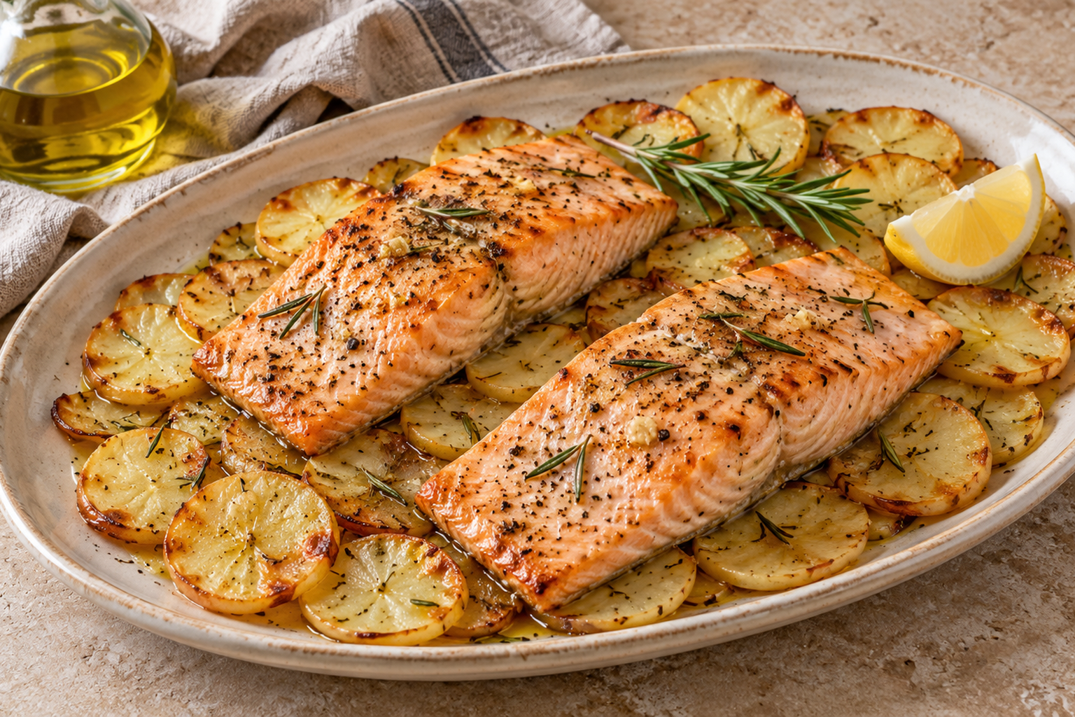 Receta de Salmón al horno con patatas y romero preparada paso a paso — fotografía editorial de RecetaGenial