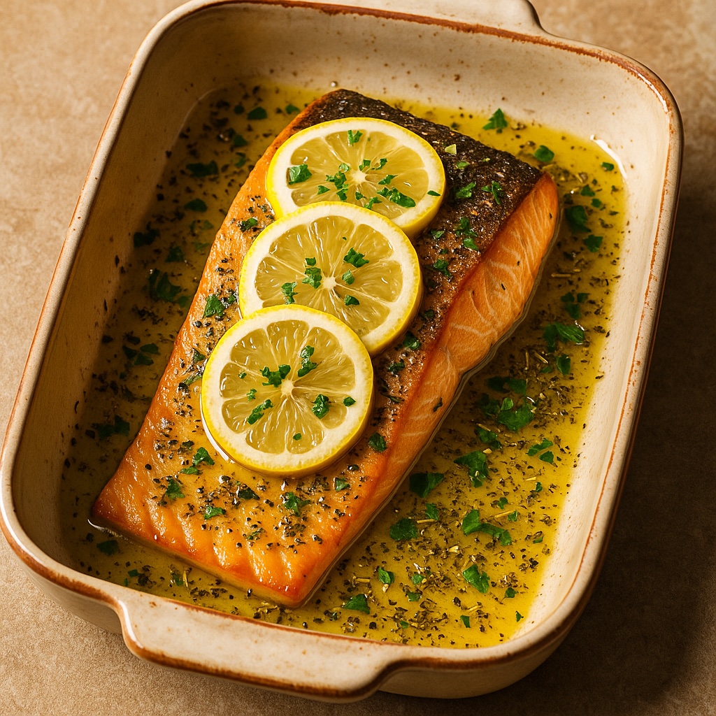 Receta de Salmón al horno en salsa de la abuela preparada paso a paso — fotografía editorial de RecetaGenial