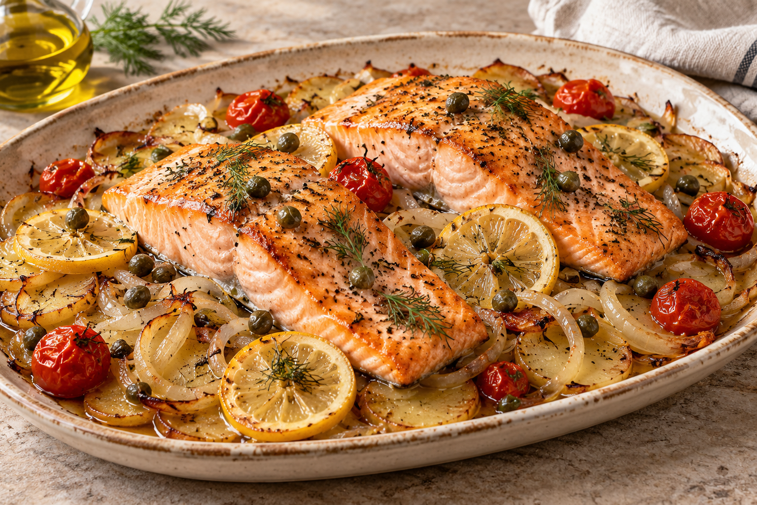 Receta de Salmón al horno jugosa con cebolla preparada paso a paso — fotografía editorial de RecetaGenial