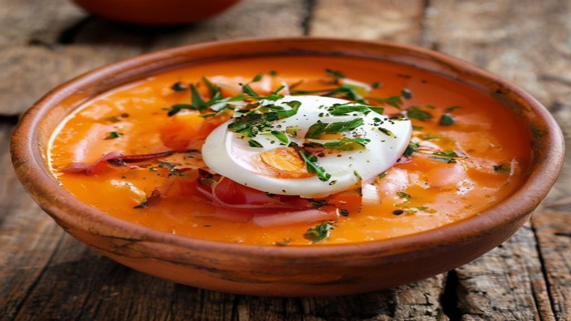 Un primer plano de un bol de salmorejo cordobés con trozos de jamón y huevo picado sobre una mesa de madera